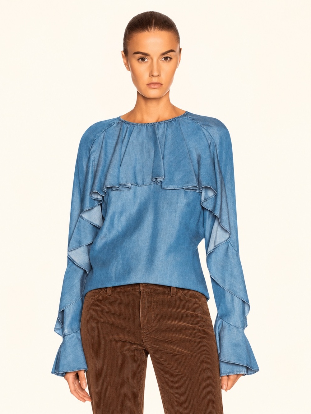 Veronica Beard Tencel Denim Ruffle Blouse Small